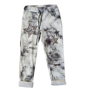 Bella Amore Womens Drawstring Graphic Casual Pants Gray White Medium